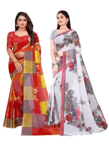 KALINI Pack of 2 Red & White Floral Pure Georgette Sarees