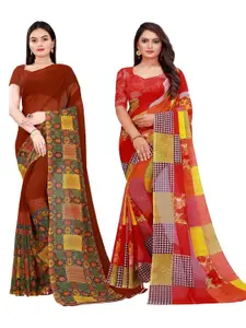 KALINI Pack of 2 Red & Yellow Floral Pure Georgette Sarees