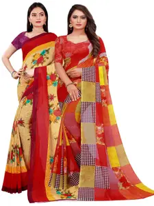KALINI Red & Cream-Coloured Printed Pure Georgette Saree Pack Of 2