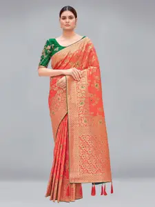 MONJOLIKA FASHION Peach-Coloured & Green Woven Design Pure Silk Banarasi Saree