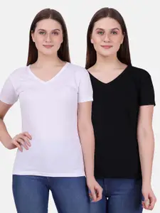 Fleximaa Women White & Black Set Of 2 V-Neck ???????Cotton T-shirt