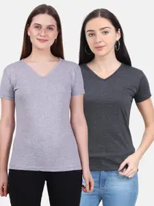Fleximaa Women Set Of 2 Grey & Charcoal V-Neck T-shirt