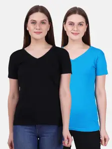 Fleximaa Women Black & Blue 2 V-Neck T-shirt