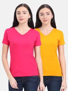 Fleximaa Women Pink & Mustard Yellow 2 V-Neck T-shirt
