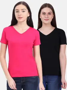 Fleximaa Women Black & Pink 2 V-Neck T-shirt