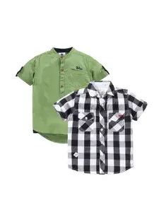 TONYBOY Boys Pack Of 2 Green Premium Buffalo Checks Cotton Casual Shirt
