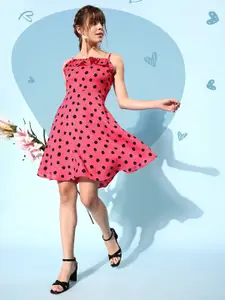 People Women Pretty Pink Polka-Dotted Feminine Frills Dress
