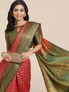 RAJGRANTH Women Red & Green Zari Woven Design Silk Cotton Banarasi Saree