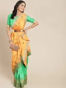 RAJGRANTH Green & Yellow Pure Silk Embroidered Saree