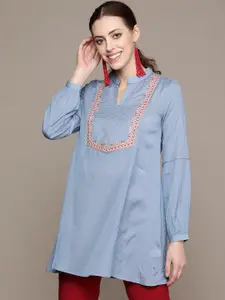 Ritu Kumar Women Blue Ethnic Motifs Embroidered Yoke Design Kurti