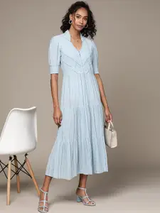 Ritu Kumar Women Blue Woven Design Tiered A-Line Maxi Dress
