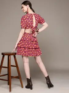 Label Ritu Kumar Women Red & Orange Geometric Printed Cut-Out Detail Layered A-Line Dress