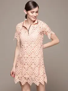 Label Ritu Kumar Peach-Coloured Lace T-shirt Mini Dress