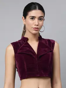 flaher Women Burgandy Solid Velvet Styled Back Ready Made Padded Blouse