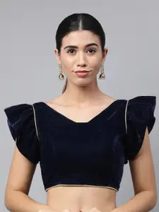 flaher Women Navy Blue Solid Velvet Backless Ready Made Padded Blouse