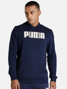 Puma Men Blue & White Brand Logo Printed Regular Fit Hooded Cotton Sweatshirt