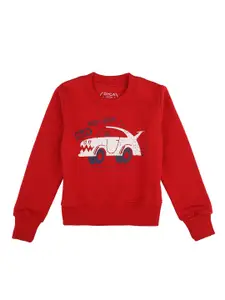 DYCA Boys Red Graphic Printed Cotton Regular Fit Sweatshirt