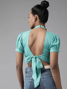 The Dry State Blue Mandarin Collar Crop Top with Styled Back