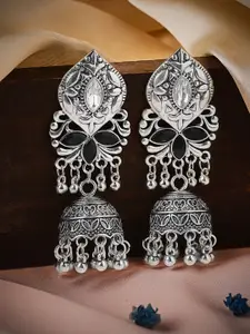 Rubans Silver-Plated Black Stone Studded Handcrafted Dome Shaped Jhumkas Earrings