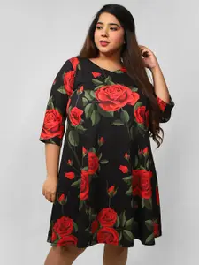 Amydus Women Plus Size Black & Red Floral A-Line Dress