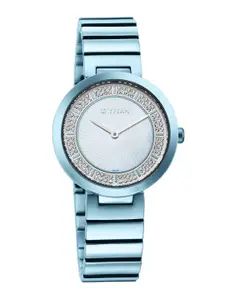 Titan Women Blue Embellished Dial & Blue Stainless Steel Wrap Around Straps Analogue Watch 95162QM01