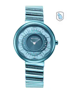 Titan Women Blue Embellished Dial & Blue Stainless Steel Bracelet Style Straps Analogue Watch 95160QM01
