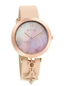 Titan Women White Mother of Pearl Dial & Beige Leather Bracelet Style Straps Analogue Watch
