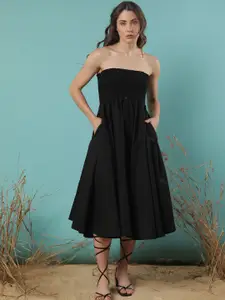 RAREISM Black Shoulder Straps Smocked Midi Dress