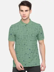 BULLMER Men Green & Navy Blue Printed Polo Collar Bio Finish Pocket Cotton T-shirt