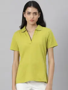 RAREISM Women Lime Green Polo Collar Pure Cotton Slim Fit T-shirt