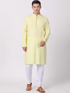 TABARD Men Yellow & White Solid Cotton Kurta with Churidar