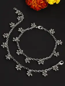KARATCART Set of 2 Oxidised  Silver-Plated Tessel Ball Studded Anklets
