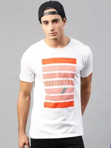 HRX by Hrithik Roshan Men White  Orange Printed Cotton Pure Cotton T-shirt