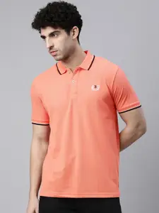 Bushirt Men Peach-Coloured Solid Polo Collar Regular Fit Pure Cotton T-shirt
