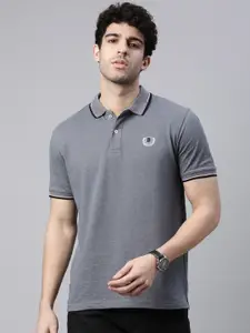 Bushirt Men Grey Melange Polo Collar Applique T-shirt