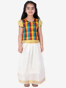 BownBee Girls White & Multicolored Ready to Wear South Indian Pavda Pattu Lehenga & Choli