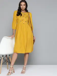 Chemistry Women Mustard Yellow Tropical Embroidered Tie-Up Neck Fit And Flare Midi Dress