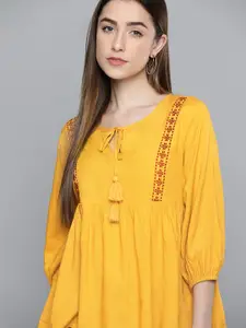 Chemistry Mustard Yellow & Red Embroidered Tie-Up Neck Top