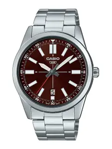 CASIO Men Brown Dial & Silver-Toned Stainless Steel Bracelet Straps Analogue Watch A1949