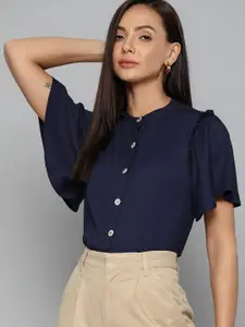 Chemistry Women Navy Blue Mandarin Collar with Ruffles detail Shirt Style Top