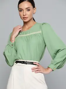 Chemistry Sage Green Embroidered Round Neck Top