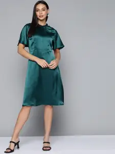 Chemistry Teal Green Satin Finish Solid Fit & Flare Dress