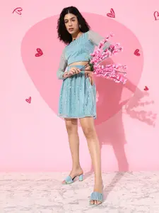 Sera Women Stunning Blue Self-Design Bling and Sparkly Top