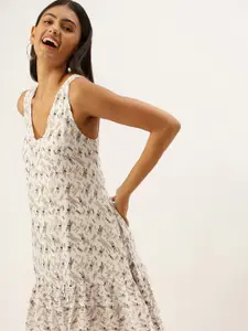 FOREVER 21 Off White & Beige Printed Pleated A-Line Dress