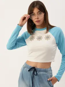 FOREVER 21 Women White & Blue Colourblocked Raglan Sleeves Crop T-shirt