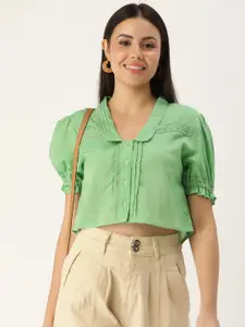 FOREVER 21 Green Lace Detail Shirt Style Crop Top