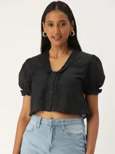 FOREVER 21 Black Lace Detail Shirt Style Crop Top