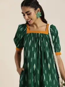 Taavi Green Ikat Printed Ethnic A-Line Ethnic Dress