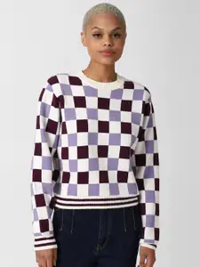 FOREVER 21 Women White & Purple Checked Pullover