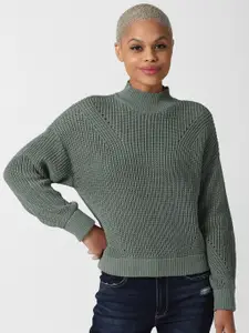 FOREVER 21 Women Olive Green Self Design Open Knitted Pullover Sweater
